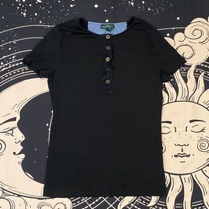 Ralph Lauren Quarter Button Shirt Womens Medium Black Preppy Casual